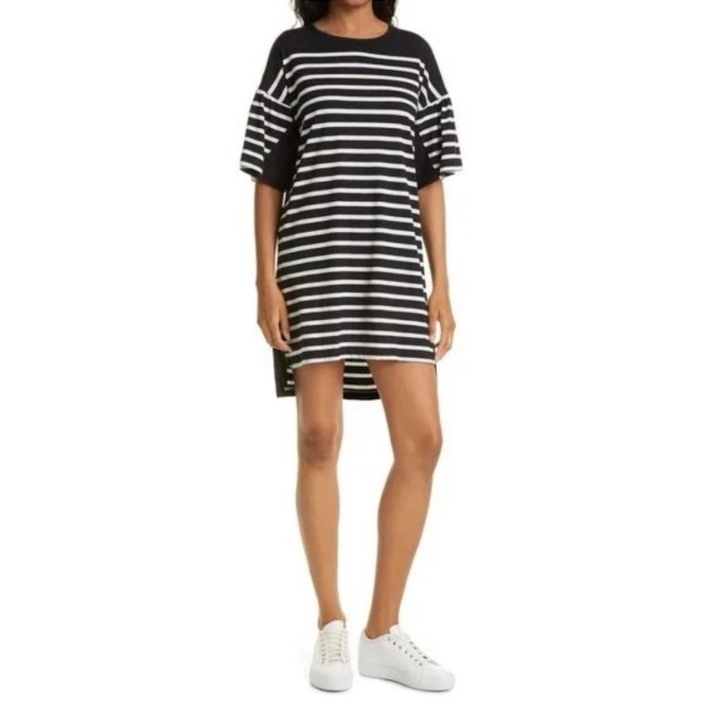 NWT La Ligne Stripe Drop Shoulder Puff Sleeve Cotton Knit Dress in Black Size XS